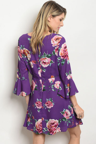'Leanne' Purple Floral Belled 3/4 Sleeve Dress