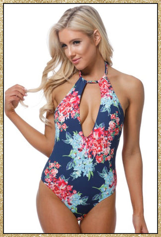 'Hideaway' Navy Floral Open Back One Piece Bathing Suit