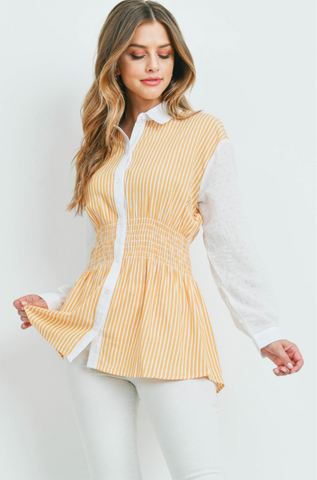 Yellow and white striped long sleeve button up top