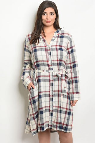 cream, red and blue plaid belted plus size dress