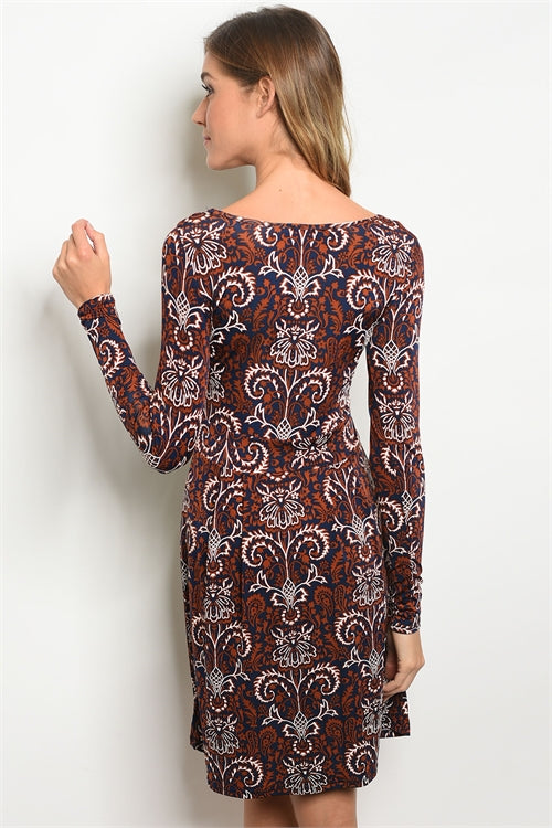 'Autumn Crisp' Navy Copper Long Sleeve Dress SMALL 'Autumn Crisp' Navy Copper Long Sleeve Dress SMALL