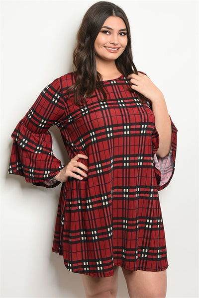 'You Make It Easy' Red Black Plaid Bell Sleeve Dress (CURVY)