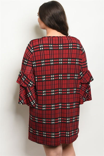 'You Make It Easy' Red Black Plaid Bell Sleeve Dress (CURVY)
