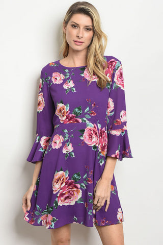 'Leanne' Purple Floral Belled 3/4 Sleeve Dress