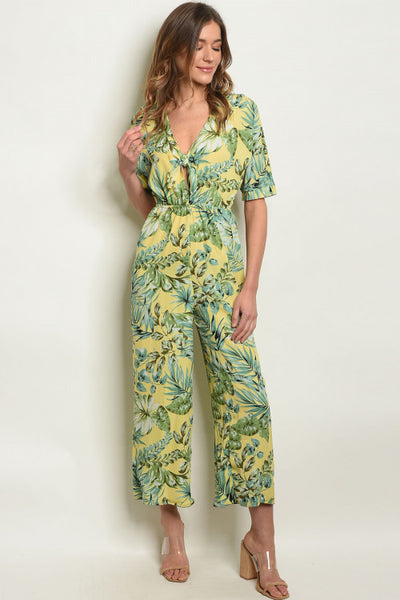 'Escape' Yellow Palm Leaves Print Jumpsuit