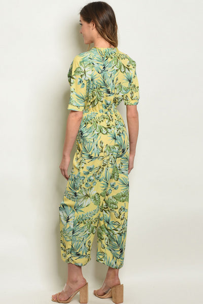 'Escape' Yellow Palm Leaves Print Jumpsuit