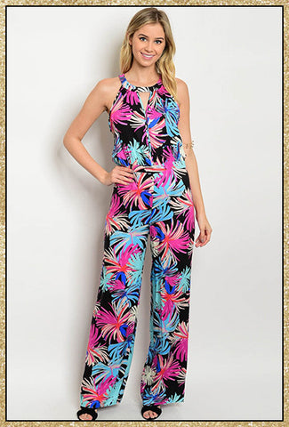 Sleeveless black jumpsuit with multi-colored palm tree limb design