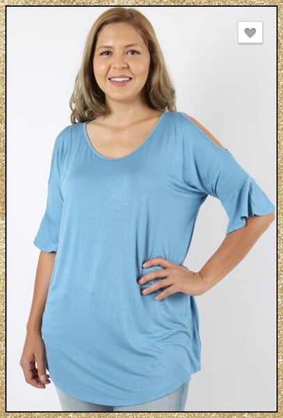 'Need Someone' Ocean Blue Open Shoulder Top (CURVY)