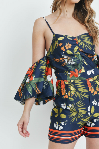 'Overboard' Navy Floral Off Shoulder Romper