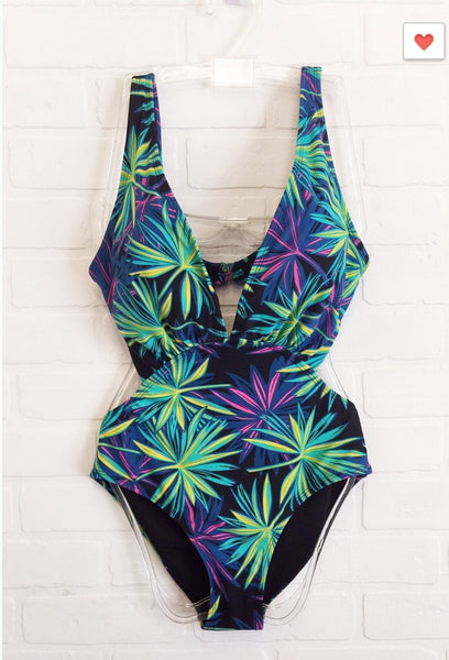 'Havana' Black Palm One Piece Bathing Suit