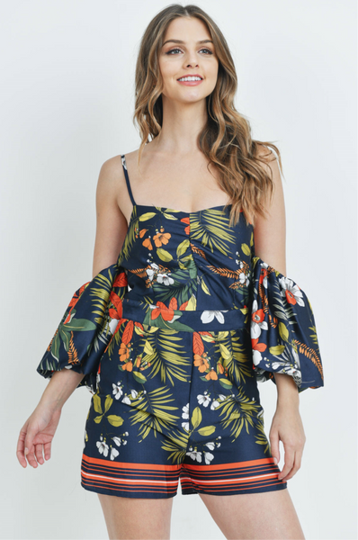 'Overboard' Navy Floral Off Shoulder Romper