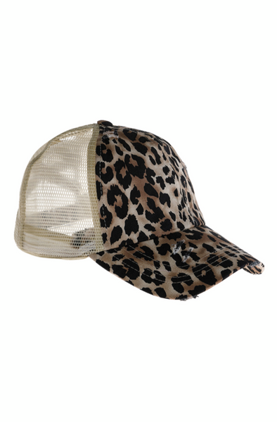 'Break The Rules ' Distressed Leopard High Bun Pony Hat