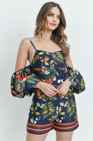 'Overboard' Navy Floral Off Shoulder Romper