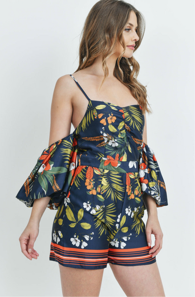 'Overboard' Navy Floral Off Shoulder Romper