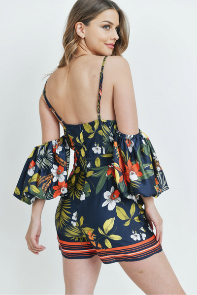 'Overboard' Navy Floral Off Shoulder Romper