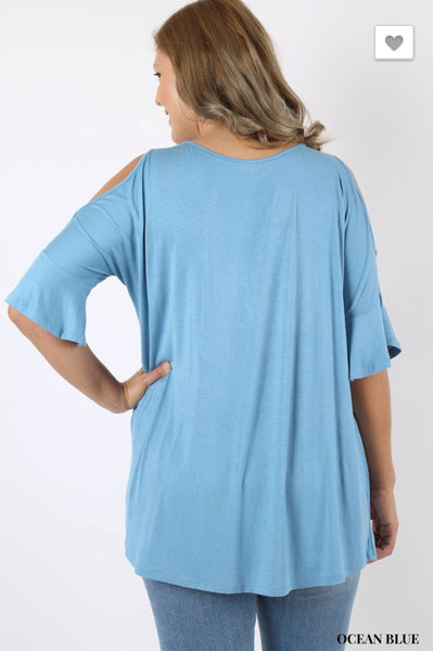 'Need Someone' Ocean Blue Open Shoulder Top (CURVY)