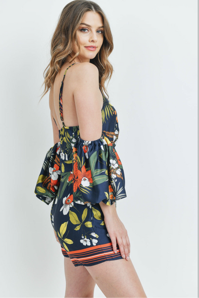 'Overboard' Navy Floral Off Shoulder Romper